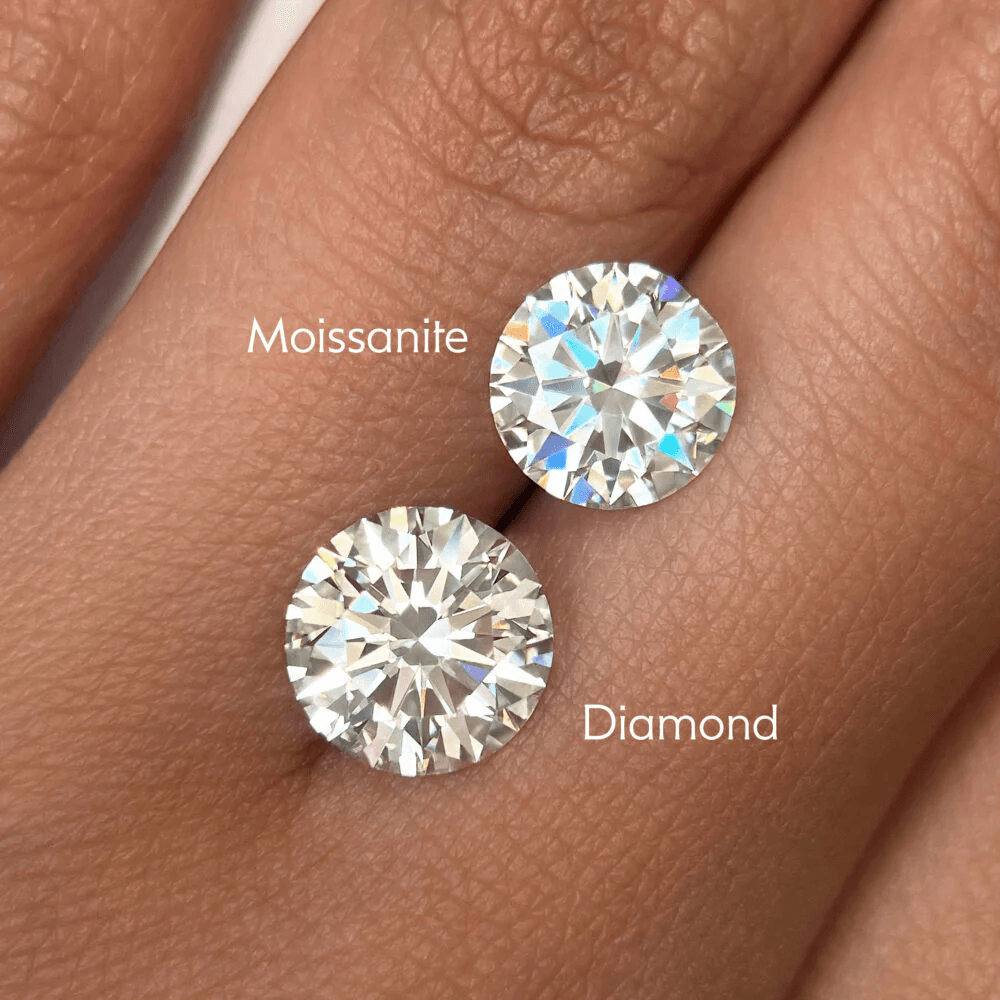 Side-by-side comparison of a moissanite and diamond showing brilliance and fire differences